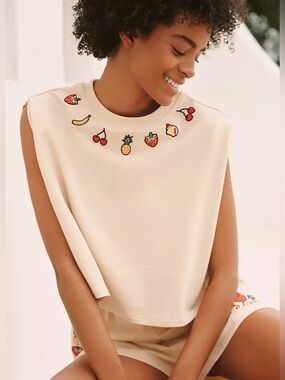 Final Price Anthropologie Cream Fruit-Embroidered Muscle Tee